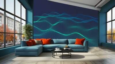 An artistic representation of technology, showing flowing waves of light and dark blue particles in a seamless 3D render that captures the essence of futuristic digital landscapes Wall mural