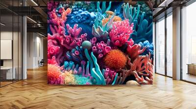 Aquatic illustration. Cartoon clay coral reefs 3d background. AI Generated Wall mural