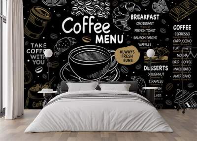 dark background coffee menu hand drawing in illustration Wall mural