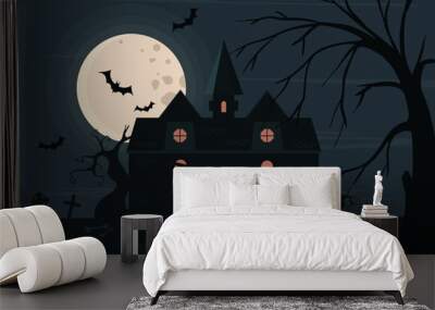 Scary haunted house in a clearing with graves and scattered human skulls against the backdrop of a night sky with a full moon and bats Wall mural