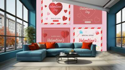 set of valentines day letter style instagram post template with hearts, gifts, ring, candies and paper hearts Wall mural