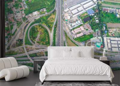 Aerial view transport junction road with green tree park car movement sunset light Wall mural