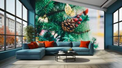 Beautiful decorated object on christmas tree with blurred bokeh light Wall mural