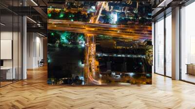 Night city traffic road with modern office building aerial view Wall mural