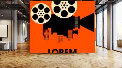 Movie and film poster design template background with vintage film camera and cityscape Wall mural