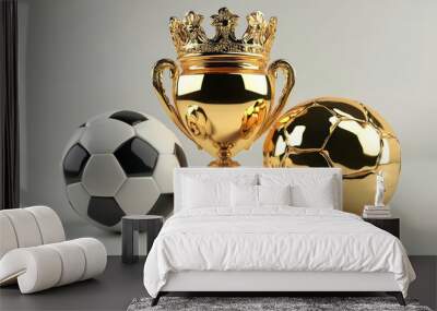 A gold trophy stands between a white and black soccer ball and a golden soccer ball. Wall mural