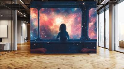 A lone figure gazes out of a window at a vast expanse of stars and nebulae. Wall mural