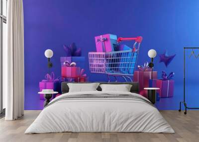 A shopping cart filled with gifts surrounded by presents and ornaments on a blue background. Wall mural