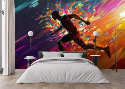 A silhouette of a man running with a colorful abstract background. Wall mural