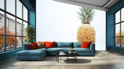 A single pineapple with green leaves sits on a white surface. Wall mural