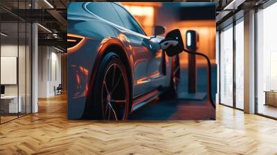 A sleek electric car charging at a modern station in a stylish setting. Wall mural