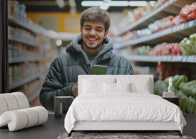 A smiling young man using a smartphone in a grocery store aisle filled with products. Wall mural