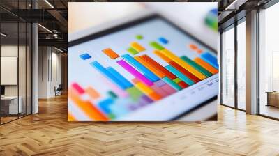 A tablet displaying colorful bar graphs for data analysis. Wall mural