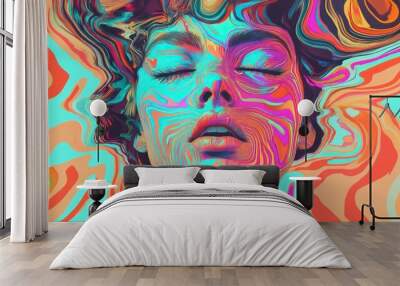 Abstract portrait of a woman with colorful lines and swirls around her face, eyes closed, mouth slightly open. Wall mural