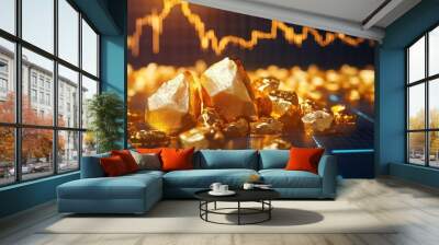 Close-up of gold nuggets on a financial chart background, with a blurred stock market chart in the background, highlighting the concept of gold as a safe haven asset. Wall mural