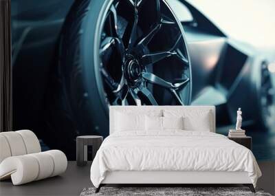 Closeup of a black car wheel with a detailed, intricate design. The wheel is shiny and reflects the light. Wall mural