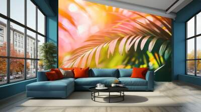 Lush green palm leaves illuminated by soft light, creating a serene and tropical atmosphere. Wall mural