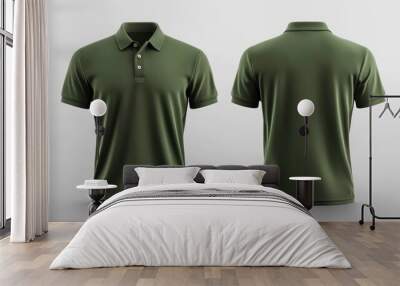 Mockup of a green polo shirt with short sleeves, front and back view, isolated on a white background. Wall mural