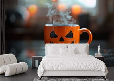 Steaming hot beverage in a pumpkin-faced mug. Wall mural