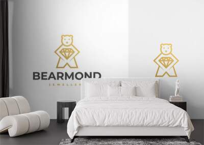 simple minimal luxury elegant bear holding a diamond, jewellery vector logo design in outline, line art style Wall mural