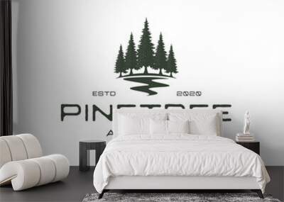 vintage retro hipster pine tree and river or creek evergreen timberland logo design vector Wall mural