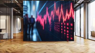 A group of people are standing in front of a large screen with red lines on it Wall mural