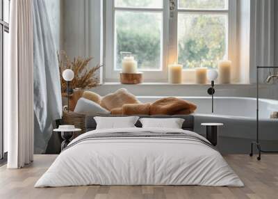 A bathroom with white walls, a basket of autumn-colored towels and candles on the window sill Wall mural