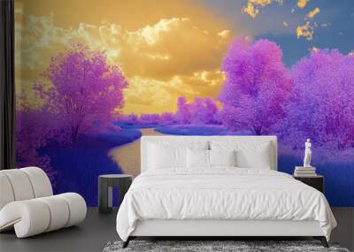 A beautiful scene of a river with trees and a sky in the background Wall mural