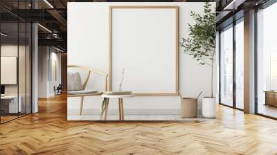 A blank image frame mockup on a white wall in a minimalistic modern interior room Wall mural