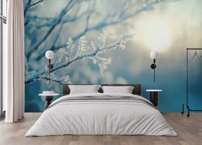 A branch covered in snow and ice Wall mural