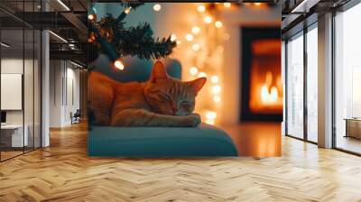 A cat is sleeping on a couch in front of a fireplace Wall mural