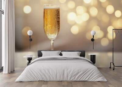 A champagne glass is filled with bubbles and sits on a table Wall mural