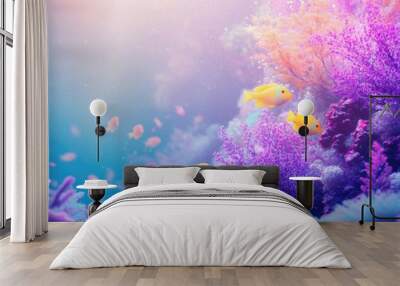 A colorful coral reef with three yellow fish swimming in it Wall mural