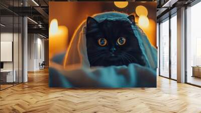 A fluffy black cat near glowing candle Wall mural