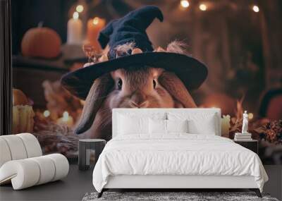 A fluffy brown rabbit in a hat, warm candlelight and Halloween decoration Wall mural