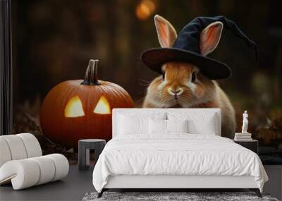 A fluffy brown rabbit in a hat sitting next to a glowing pumpkin Wall mural