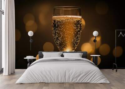 A glass of champagne is filled with bubbles and is sitting on a table Wall mural