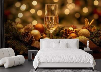 A glass of champagne is on a table with a wreath of pine needles Wall mural