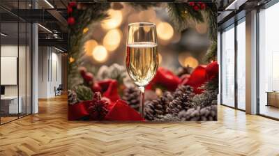 A glass of champagne is sitting in a wreath of red and green decorations Wall mural