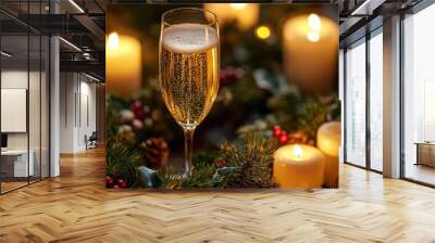 A glass of champagne is sitting on a wreath of evergreen branches Wall mural