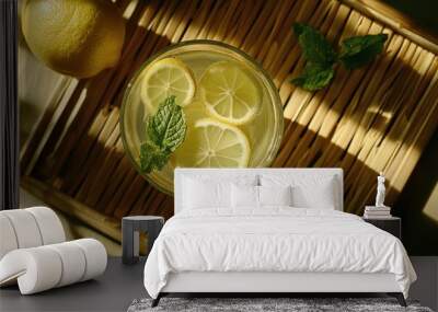 A glass of lemonade with a few slices of lemon and mint leaves floating in it Wall mural