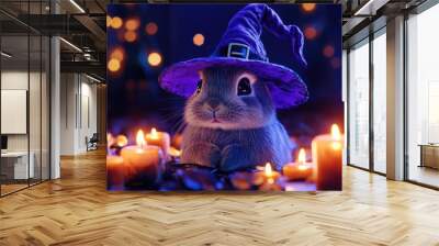 A gray rabbit in a purple hat surrounded by glowing candles Wall mural