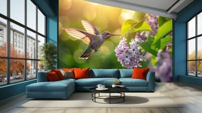 A lilac flower being visited by a hummingbird Wall mural