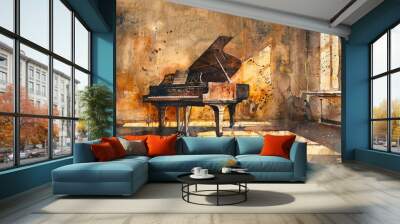 A painting of a grand piano in a room with a sun shining through the window Wall mural