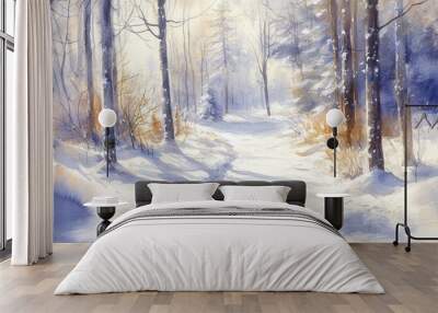 A painting of a snowy forest with a path through it Wall mural