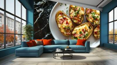 A plate of potato wedges with bacon and cheese on top Wall mural