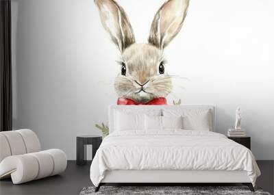 A rabbit is holding a wreath in its mouth and wearing a red bow Wall mural