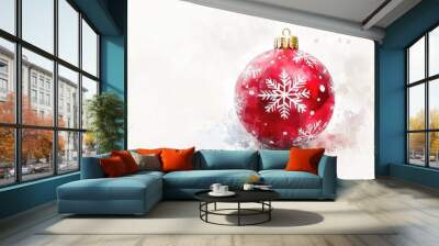 A red and white snowflake ornament sits on a white background Wall mural