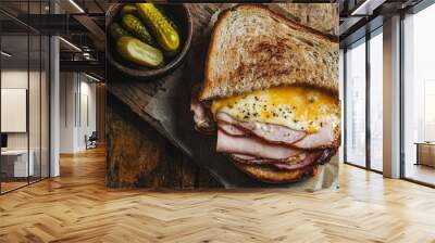 A sandwich with ham and cheese is on a wooden table Wall mural