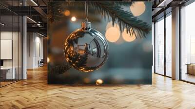 A silver ornament hangs from a Christmas tree Wall mural